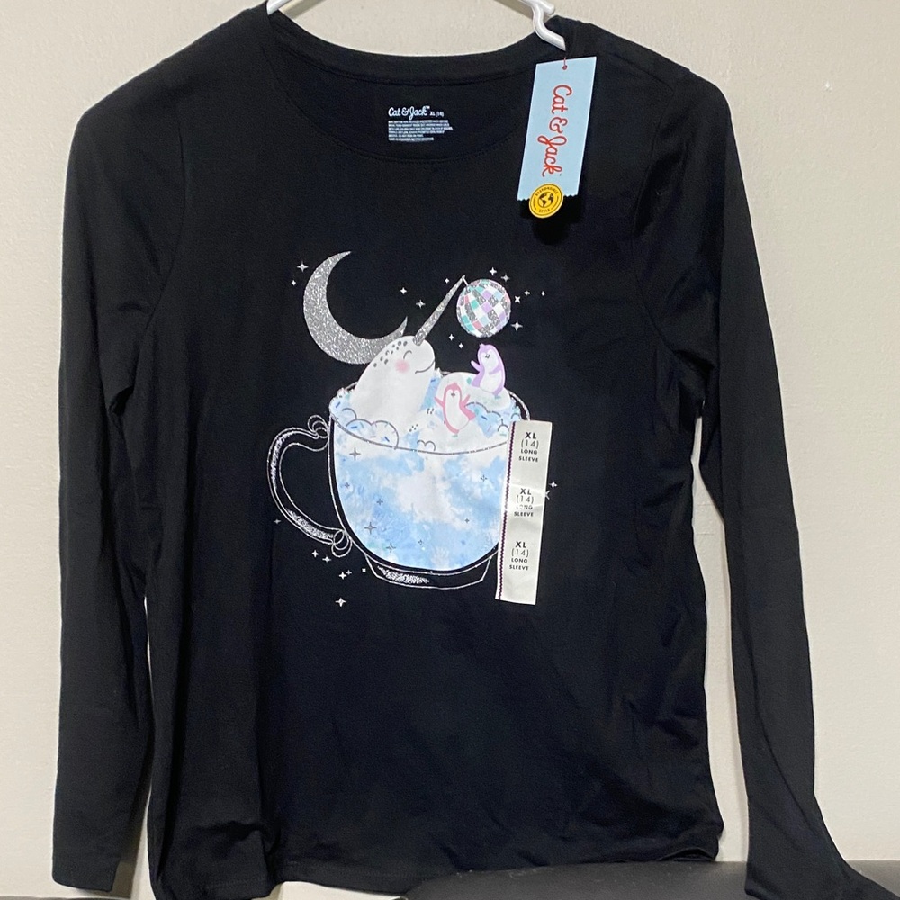 Cat & Jack Black Long Sleeve Tee with Moon and Cup Graphic